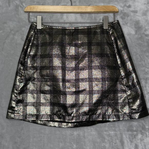 Urban Outfitters Skirt Womens Small Gold Metallic Plaid Mini Pocket Shiny Party - Picture 1 of 10